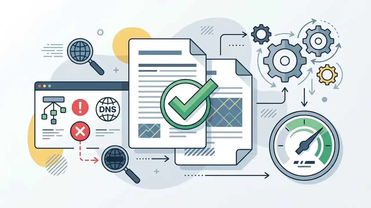 Magnifying glass and DNS error icons pointing toward verified documents and a rotating gear system