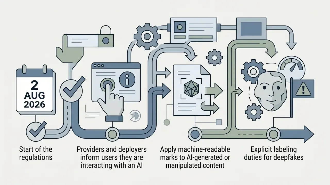 Timeline showing regulatory steps for AI systems from user notification to deepfake labeling duties