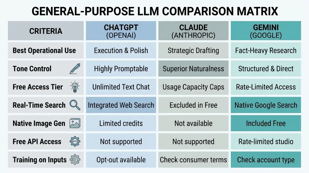 Comparison table evaluating operational, access, and feature differences between ChatGPT, Claude, and Gemini