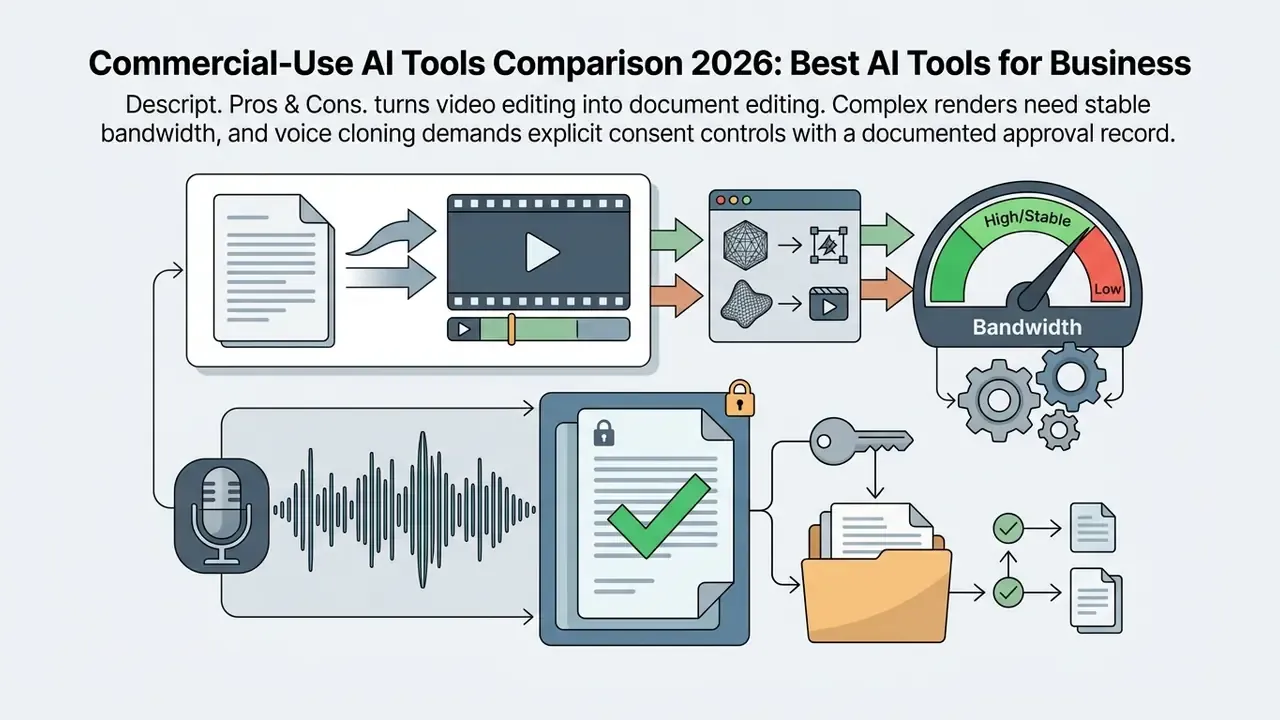 Video editing files and audio waveforms flow through a bandwidth gauge and secure approval system