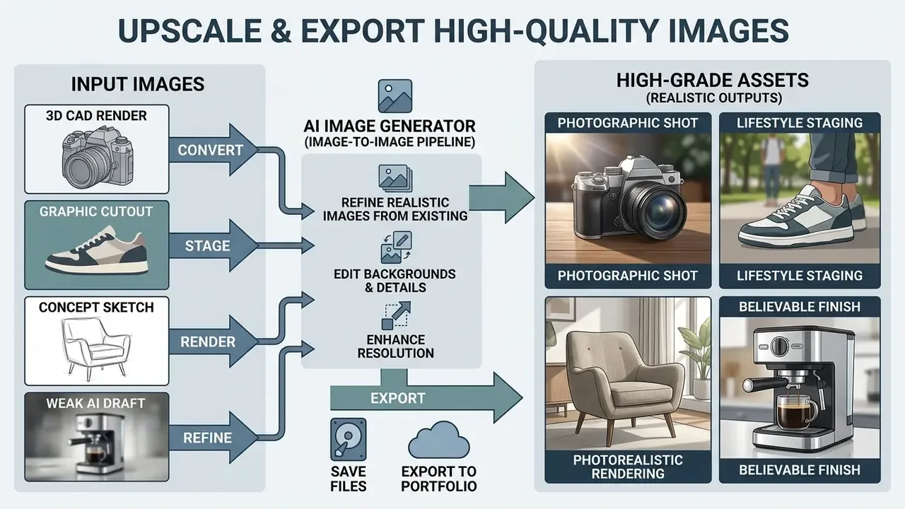 Diagram showing the transformation of sketches and drafts into photorealistic assets via AI processing