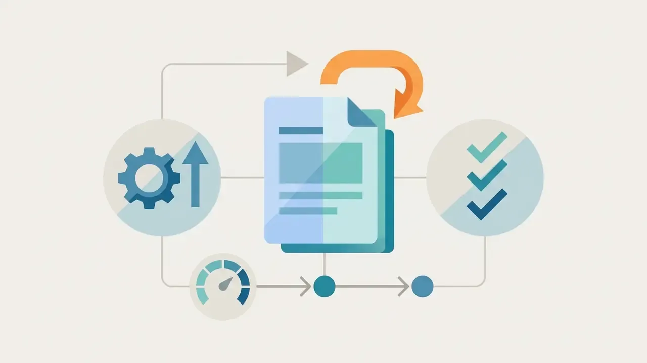 Central document icon connected to a gear, a gauge, and a series of checkmarks in a circular workflow