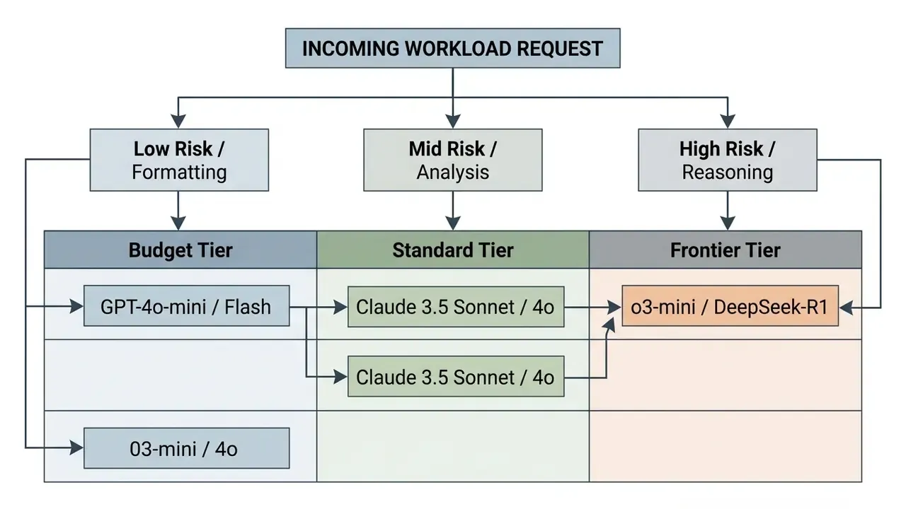 Hierarchical map routing incoming workload requests to specific AI model tiers based on risk level