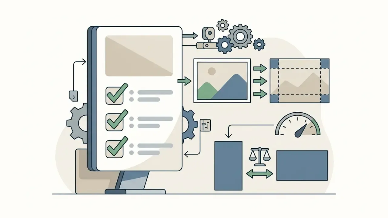 Checklist and icons of gears, image frames, and a gauge illustrating aspect ratio alignment for AI video