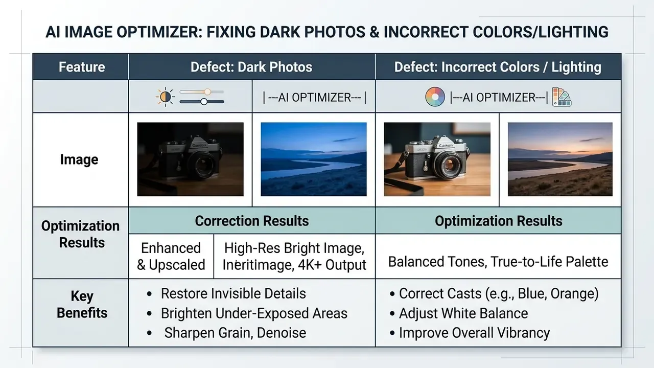 Comparison table displaying before and after examples of correcting dark photos and color balance issues
