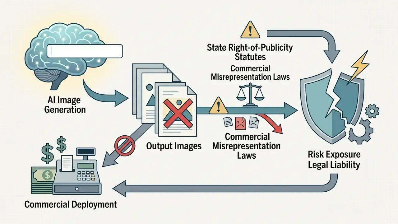 Brain icon and cash register linked to output images that break a shield representing legal liability