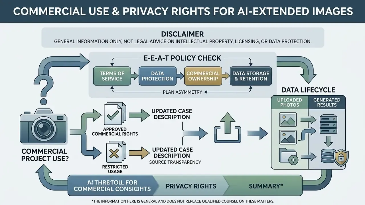 Diagram showing legal and privacy considerations for using generated imagery in commercial projects