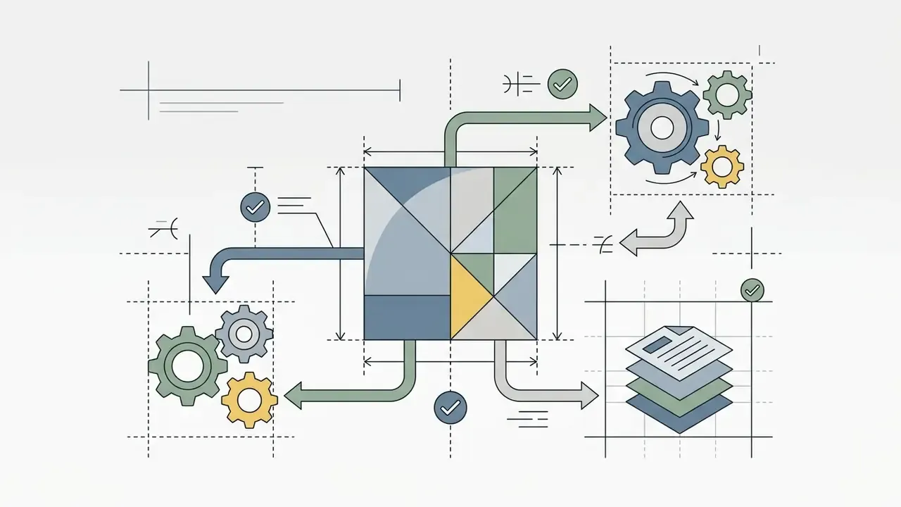 Central square with geometric segments connected by arrows to rotating gear clusters and stacked documents