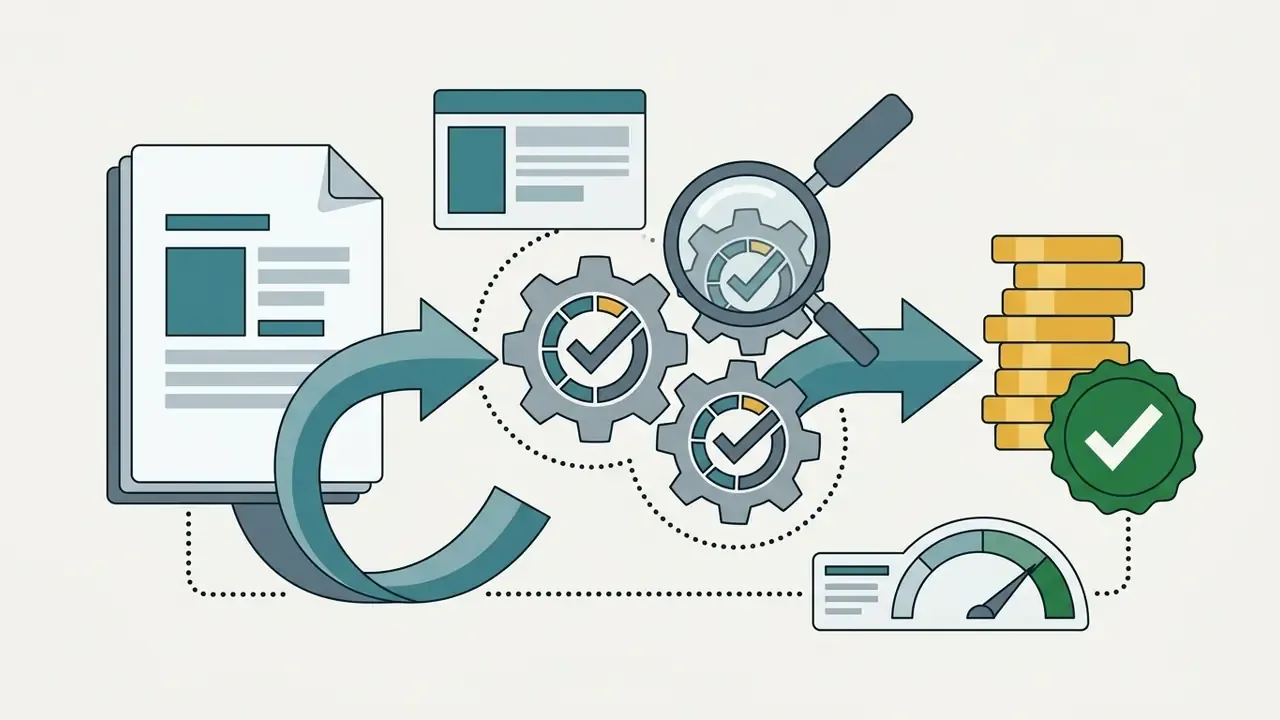 Document icon feeding into a gear system with magnifying glass and checkmarks leading to gold coins