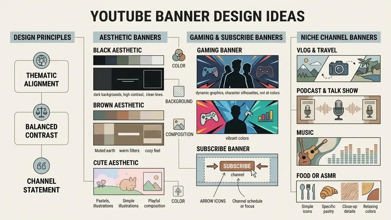 Infographic displaying design concepts for aesthetic, gaming, and niche YouTube banners