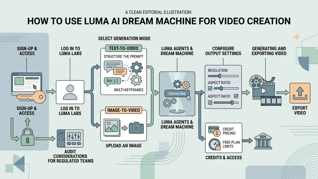 Step-by-step process flow for using Luma AI Dream Machine from initial login to final video export