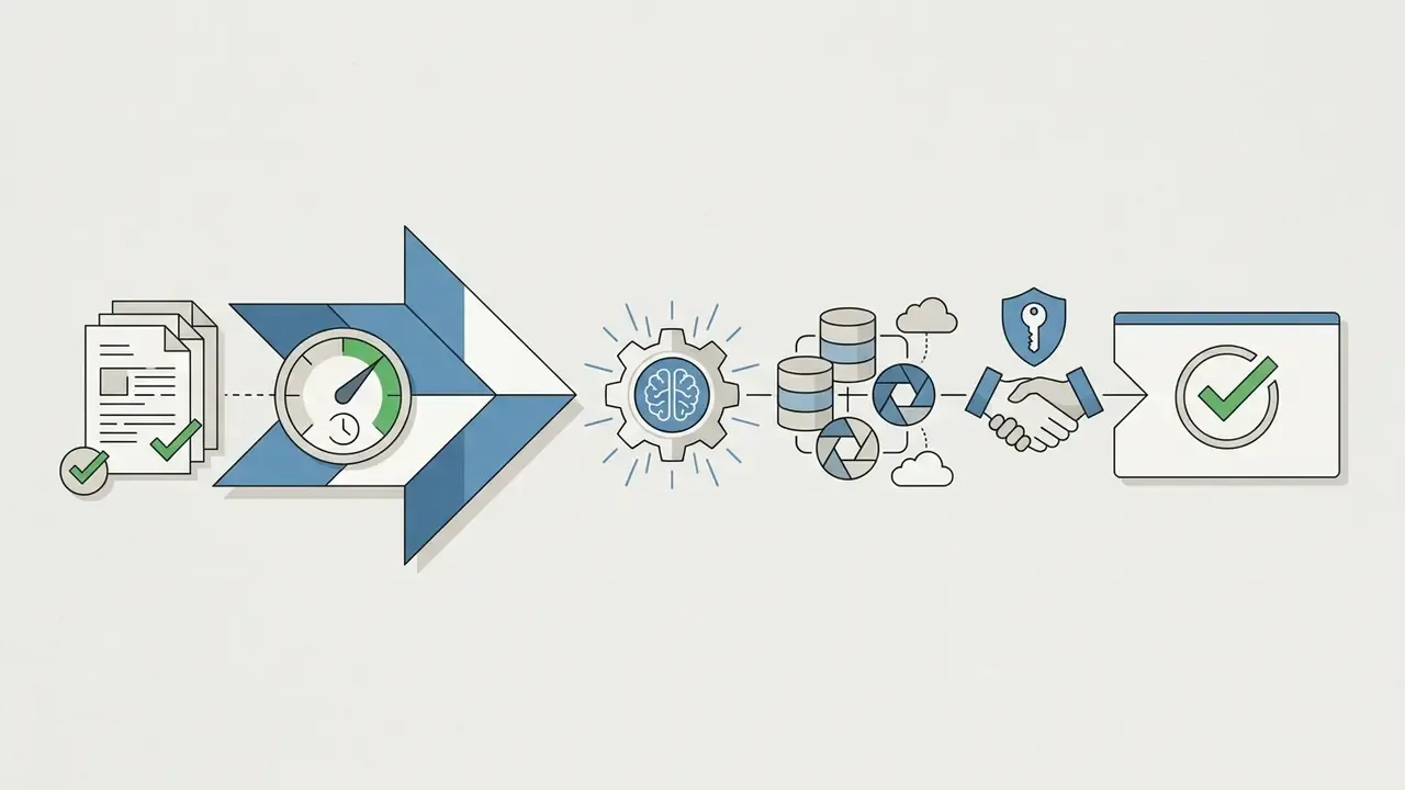 Icons showing a document, speed gauge, AI gear, data storage, handshake, and a final checkmark