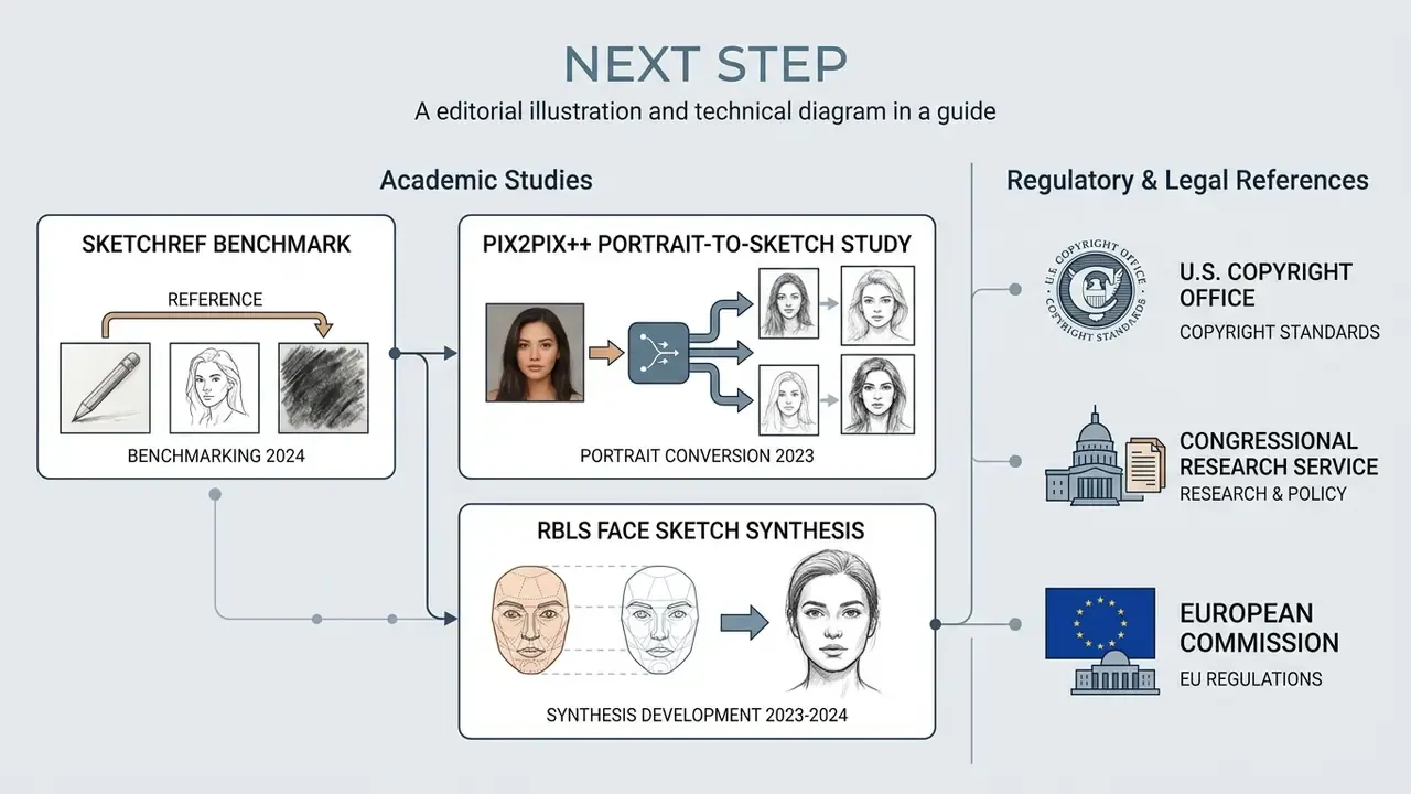 Diagram linking academic studies on AI sketch synthesis to relevant legal and regulatory organizations