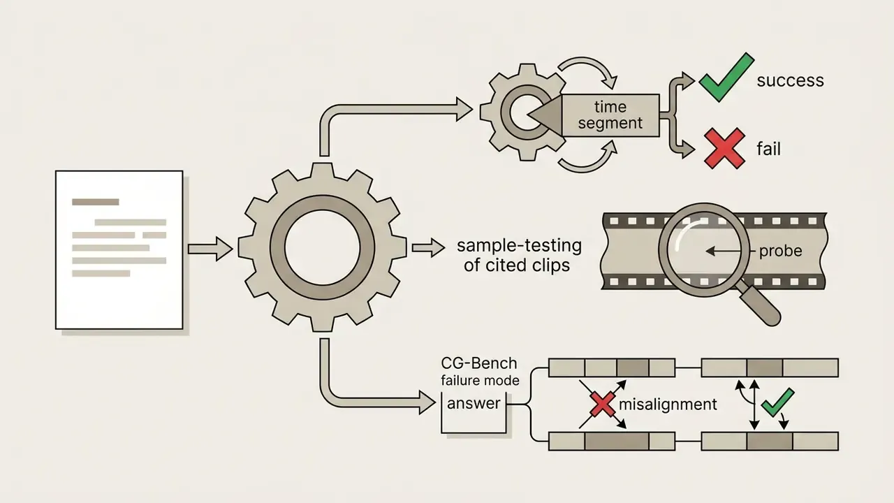 Document feeding into a central gear that routes content to time segment checks and clip probe analysis