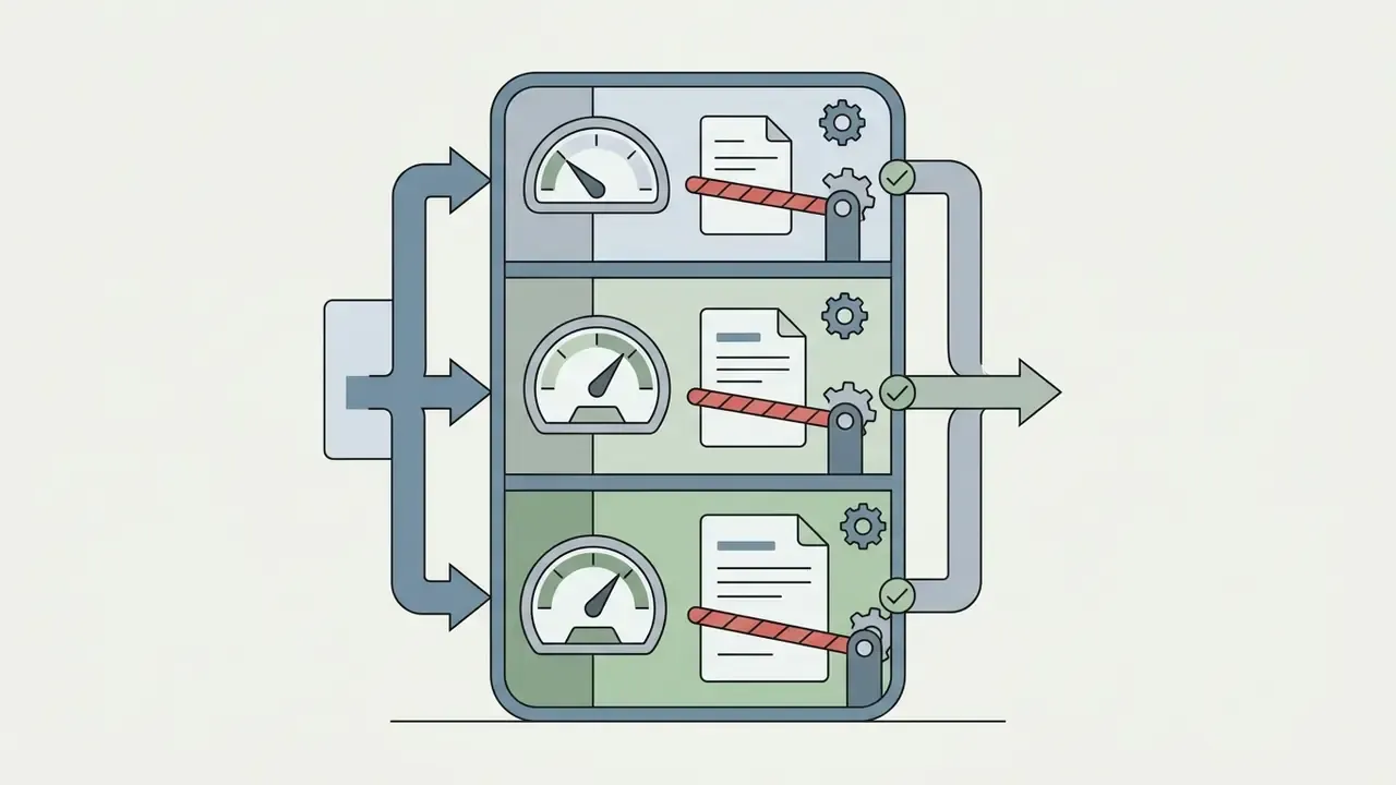 Three document segments with gauges and barriers regulating output flow for a free AI writing generator
