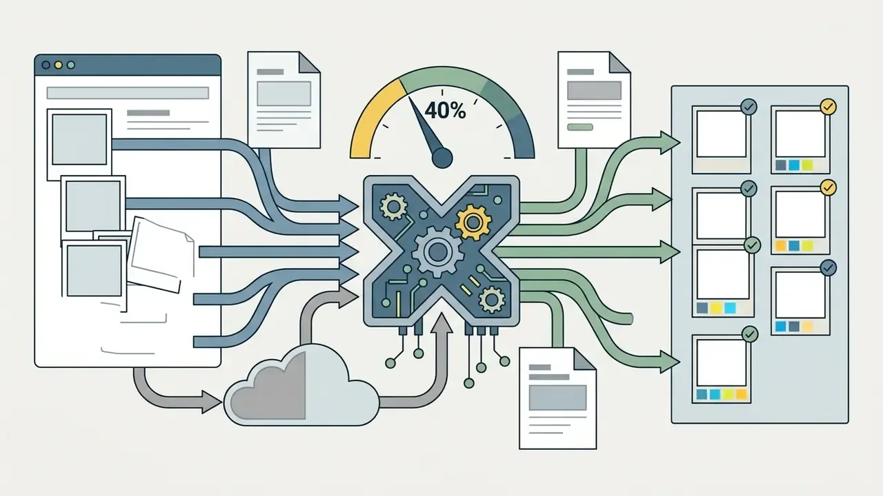 Graphics showing files and cloud data feeding into a central engine for rapid batch image processing