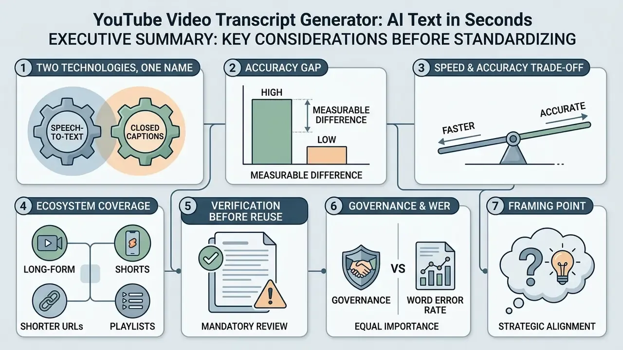 Infographic outlining seven key considerations for standardizing a YouTube video transcript generator