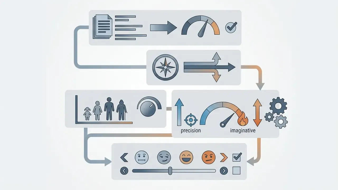 Sequential icons representing document processing, narrative direction, audience age, and creative tone settings