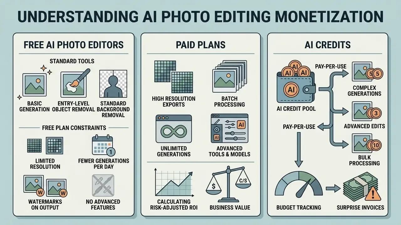 Three-column chart comparing free AI photo editor features, paid plan advantages, and credit systems