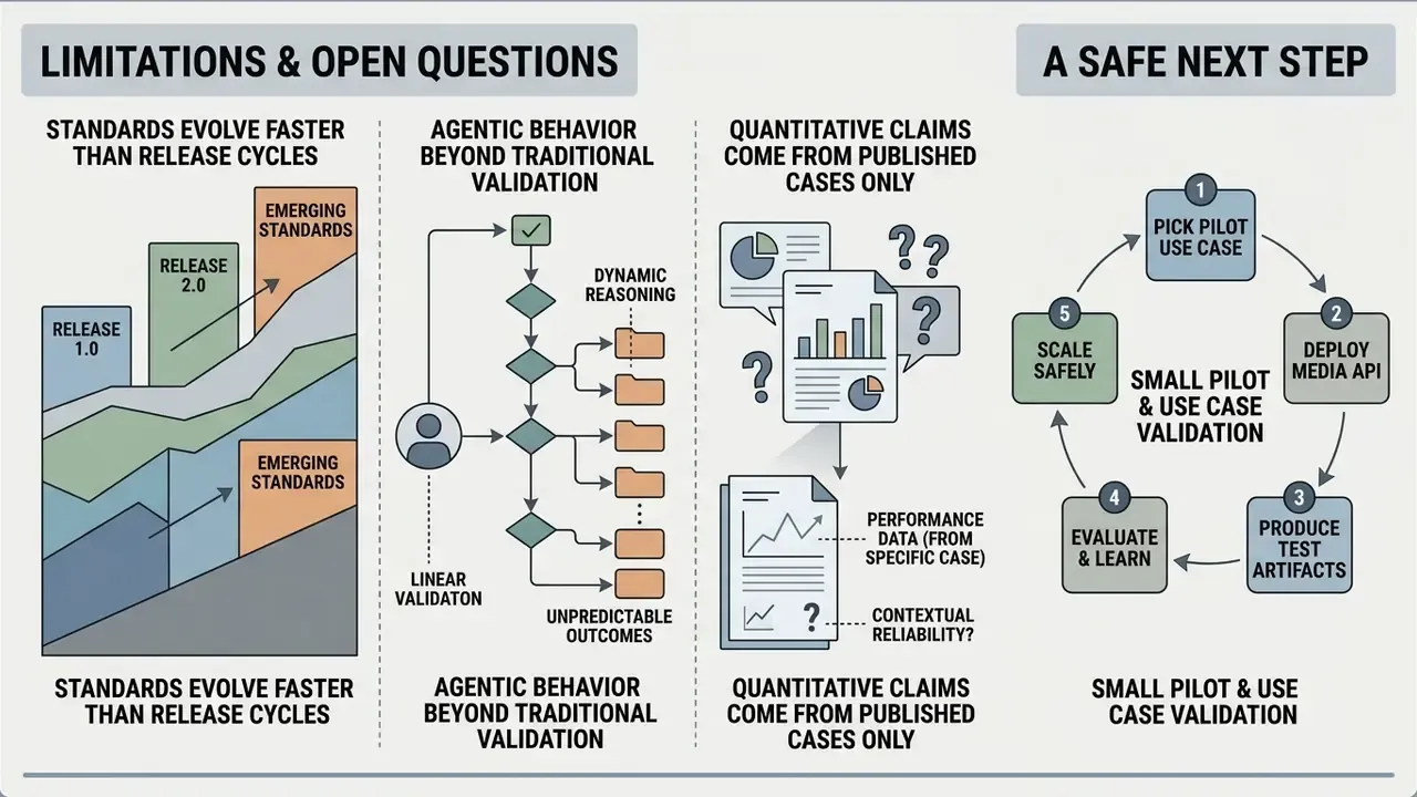 Infographic showing AI Media API limitations alongside a circular pilot project validation process