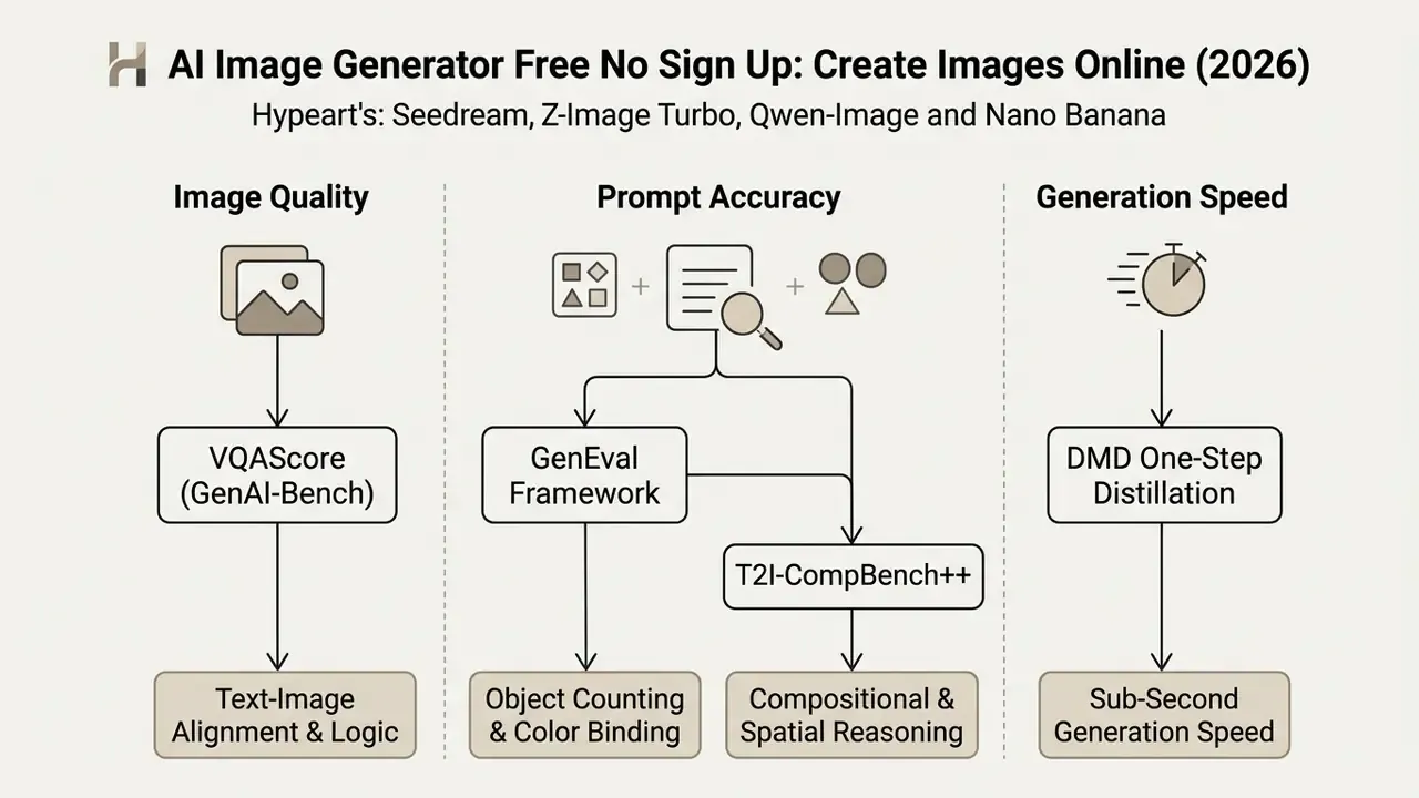 Diagram mapping evaluation metrics for AI image generator free no sign up tools across three categories
