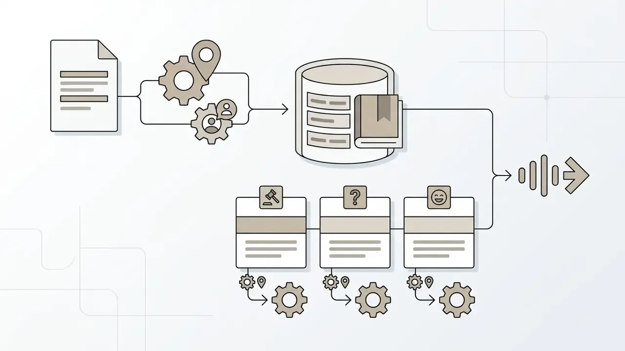 Script input flowing through model and lexicon storage to content class presets for audio output