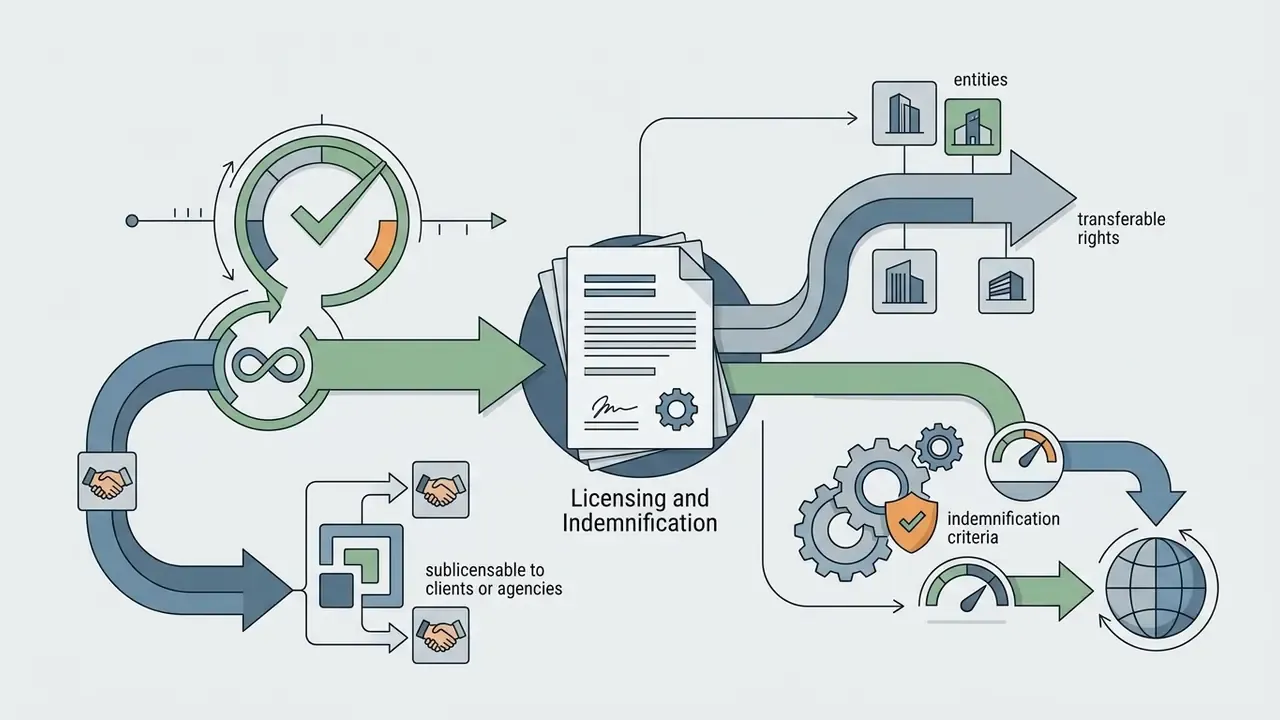 Document icon showing paths for transferable rights and indemnification criteria for business entities