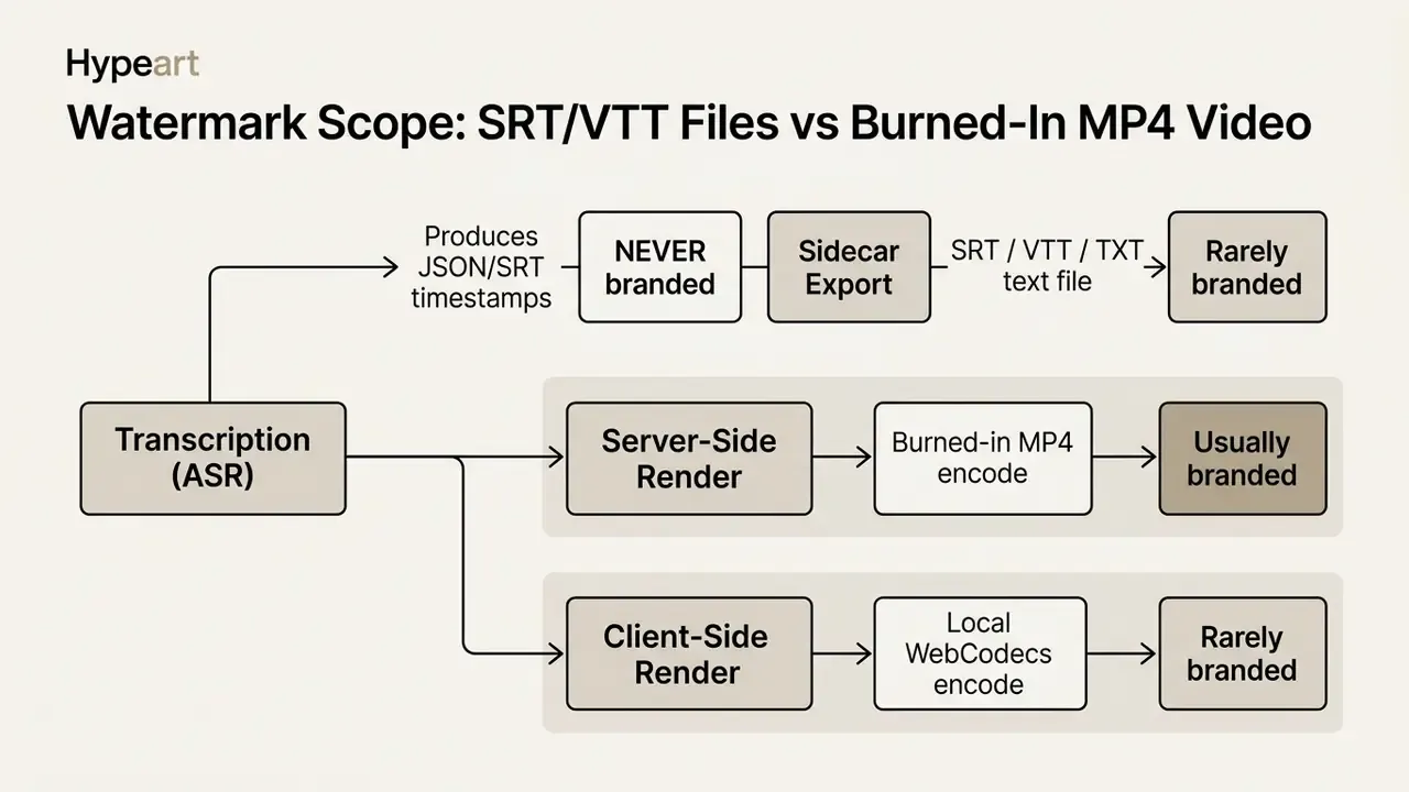 Flowchart mapping how transcription processes lead to either branded or unbranded subtitle outputs