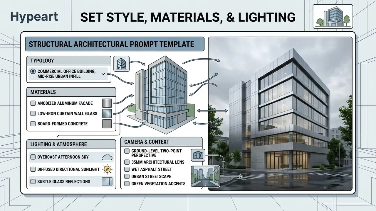 Template showing how typology, materials, lighting, and camera settings define an office building render