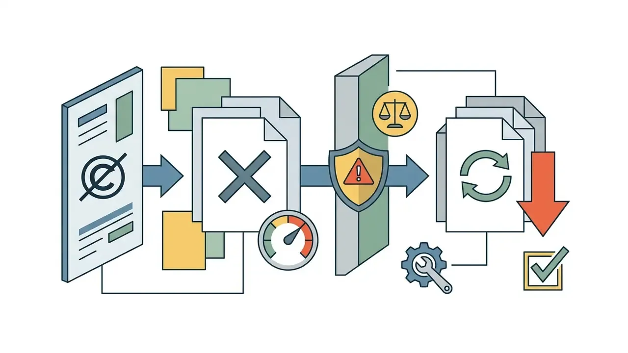 Sequence showing document processing moving past a legal warning shield to reach a revised final output