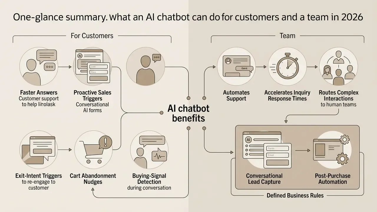 Infographic showing how an AI chatbot automates support and sales tasks for customers and internal teams