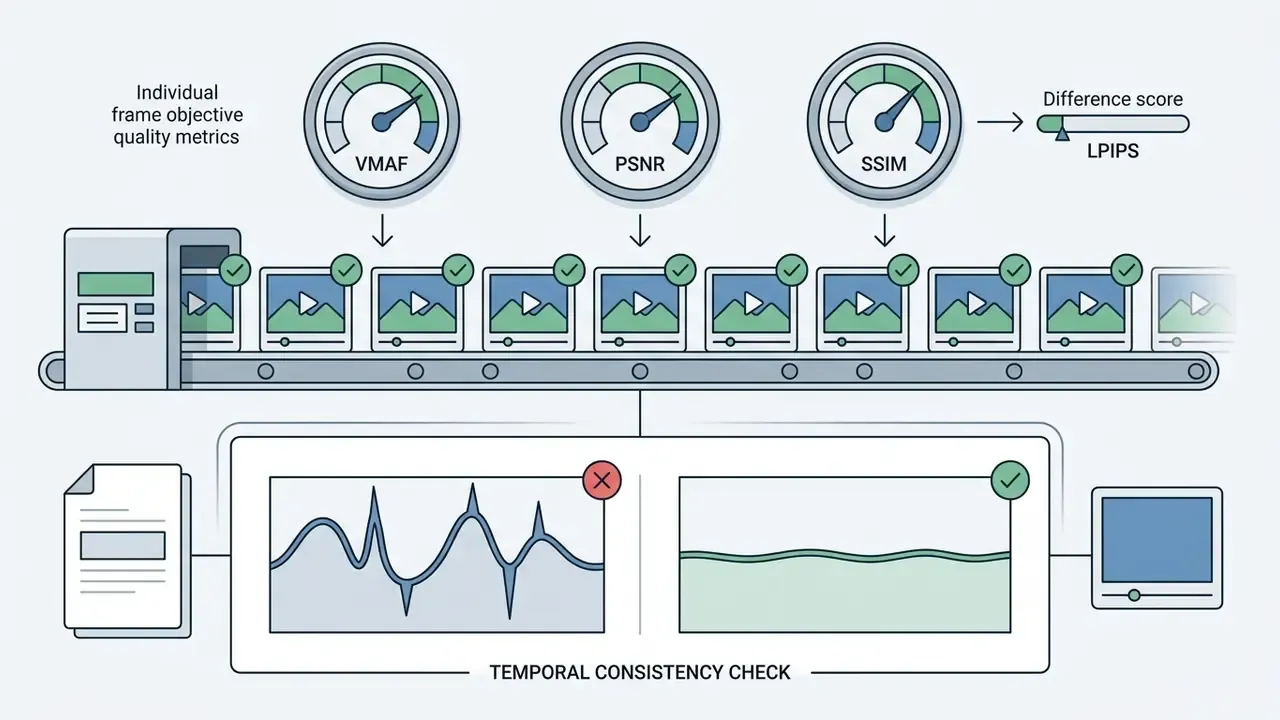 Conveyor belt of video frames analyzed by quality metrics and a temporal consistency flicker graph