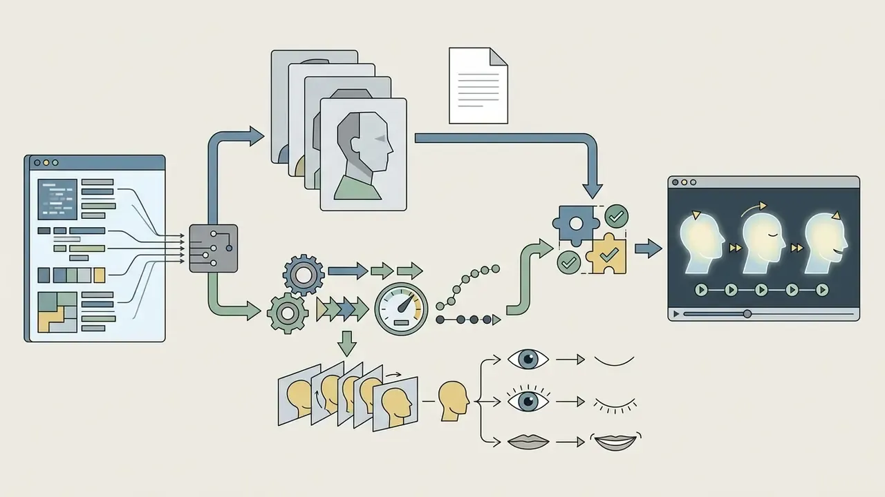 Diagram showing data inputs processing through neural models to synthesize facial expressions and movement