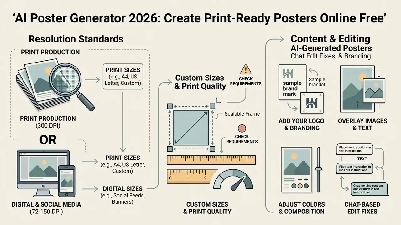 Diagram showing resolution standards for print and digital sizes alongside branding and editing workflows