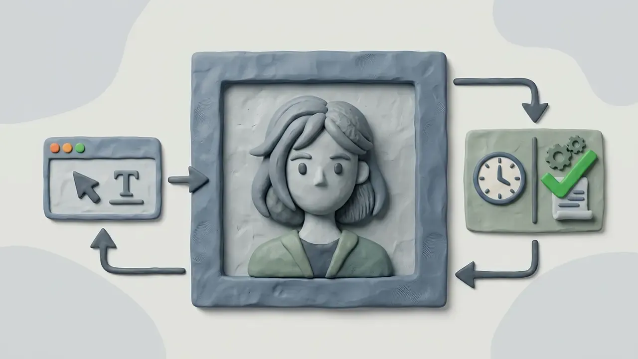 Clay model showing text input converted into a stylized character portrait with process icons