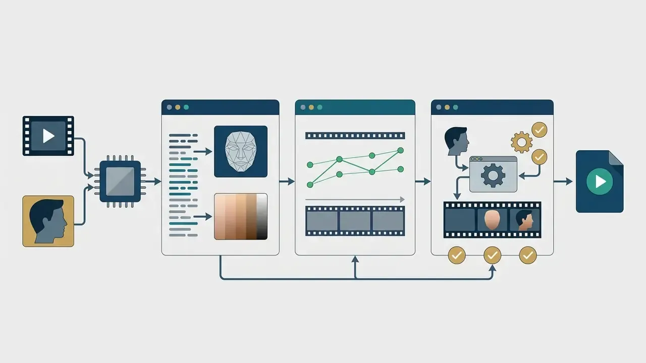Sequential steps showing AI processing facial geometry, skin tone, and frame alignment for video rendering