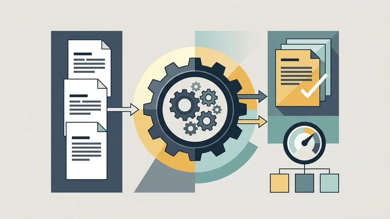 Stacked documents moving through a processor to reach a checkmark icon and a performance gauge