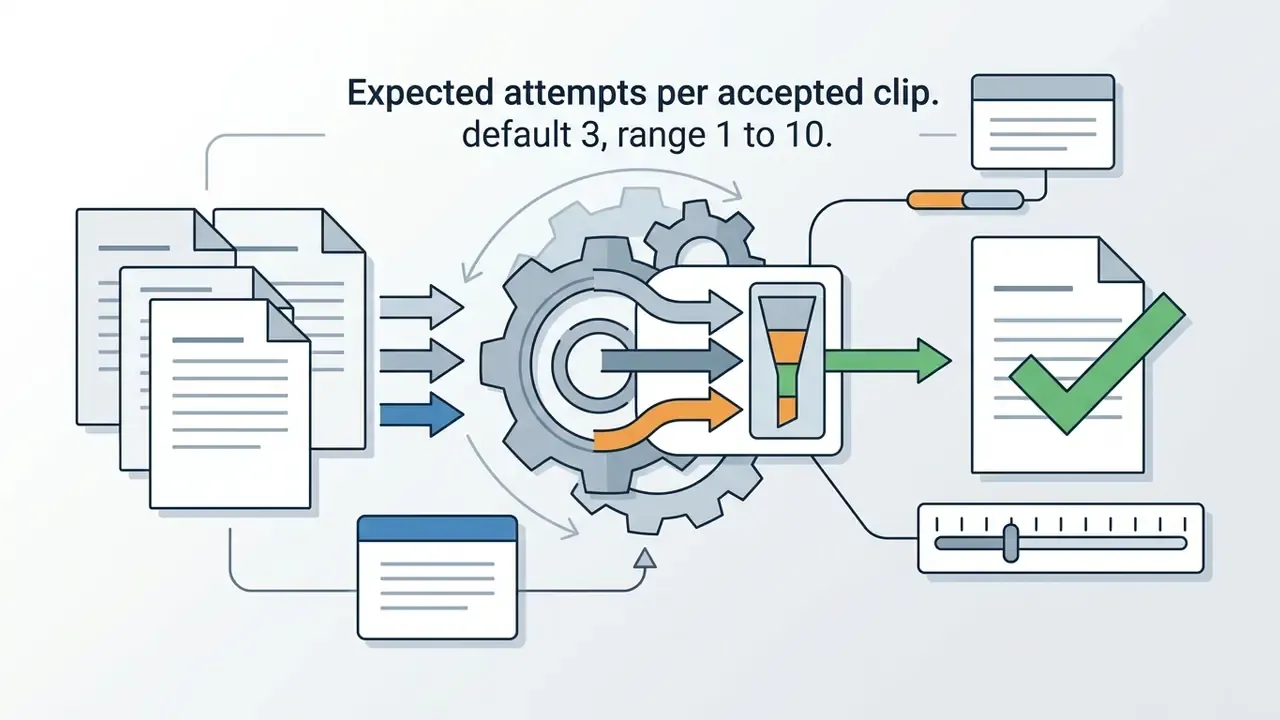 Documents feeding into a gear-driven funnel to produce an approved clip based on attempt count settings
