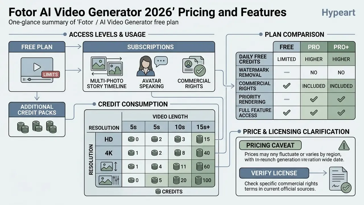 Comparison table and charts detailing credit costs, subscription tiers, and licensing for video generation