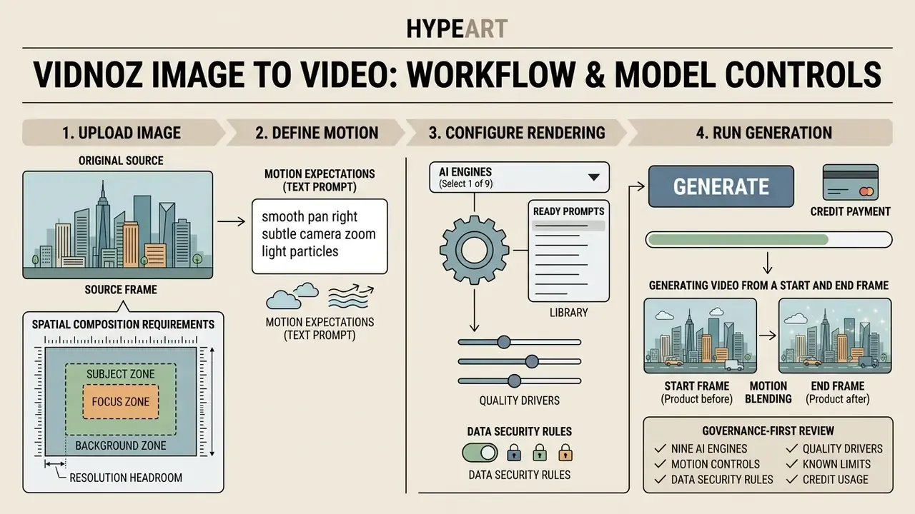 Four step workflow diagram for Vidnoz AI image to video generation including composition and settings