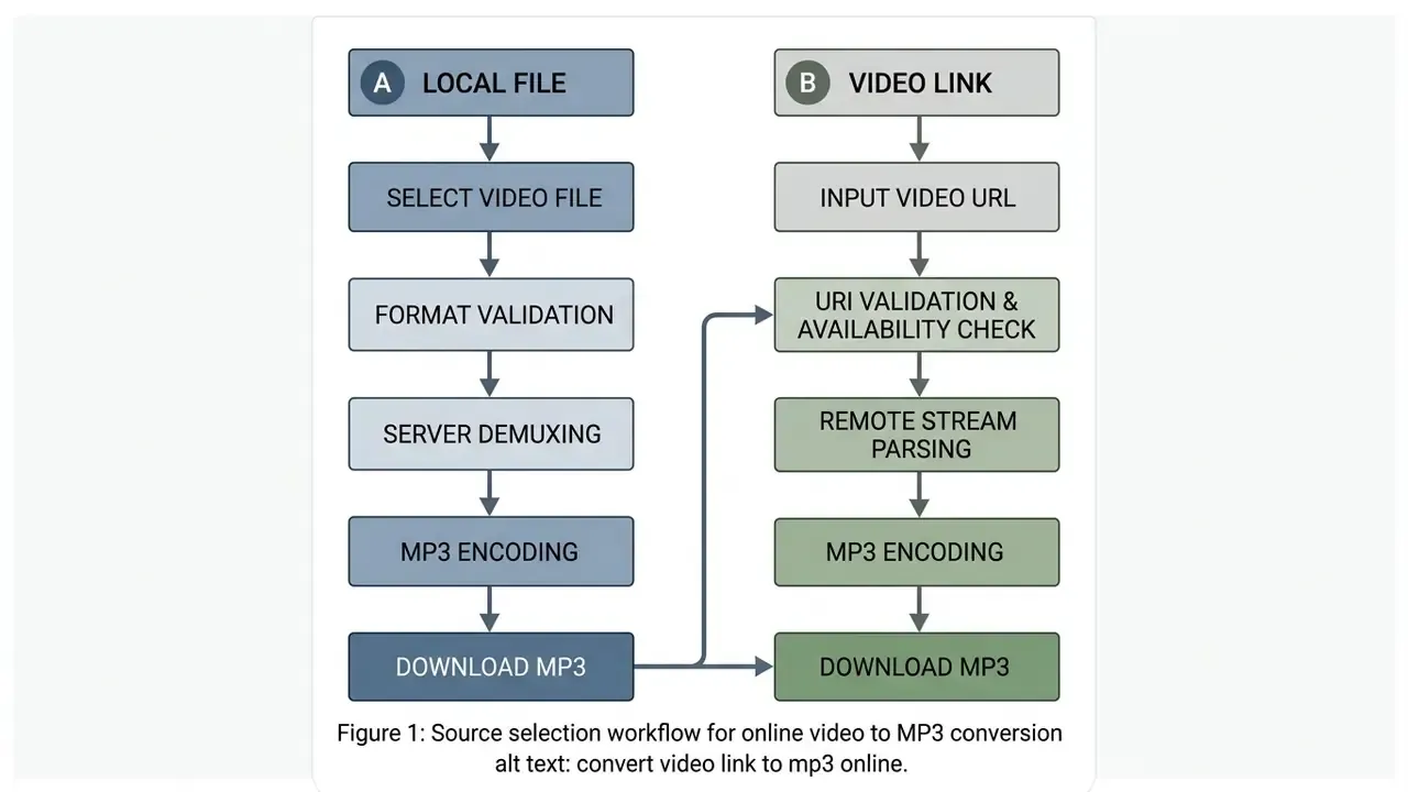 Flowchart comparing the processing steps for local video files versus remote video links