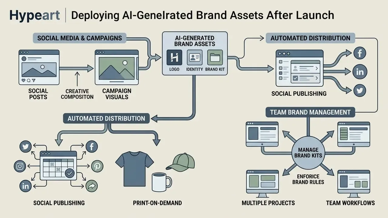 Diagram showing the distribution of brand assets across social media, print, and team management systems