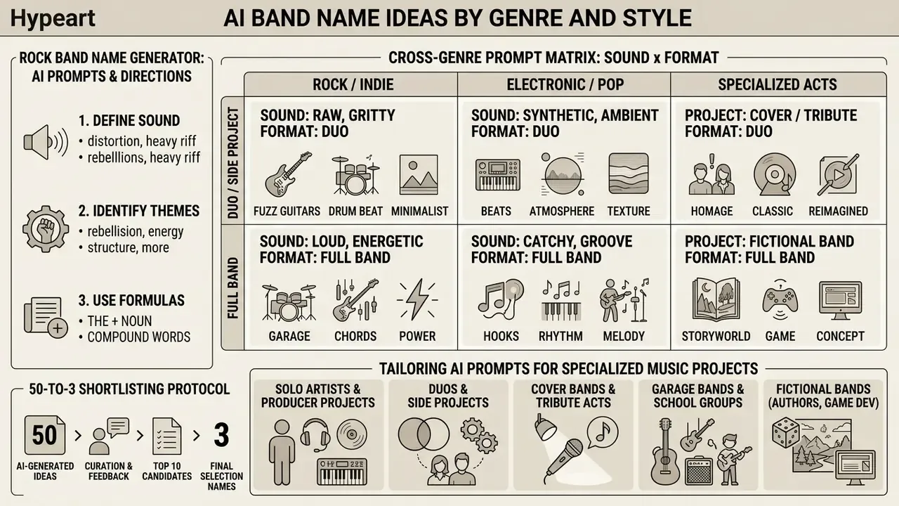Infographic matrix categorizing music project types and AI prompt strategies for naming bands