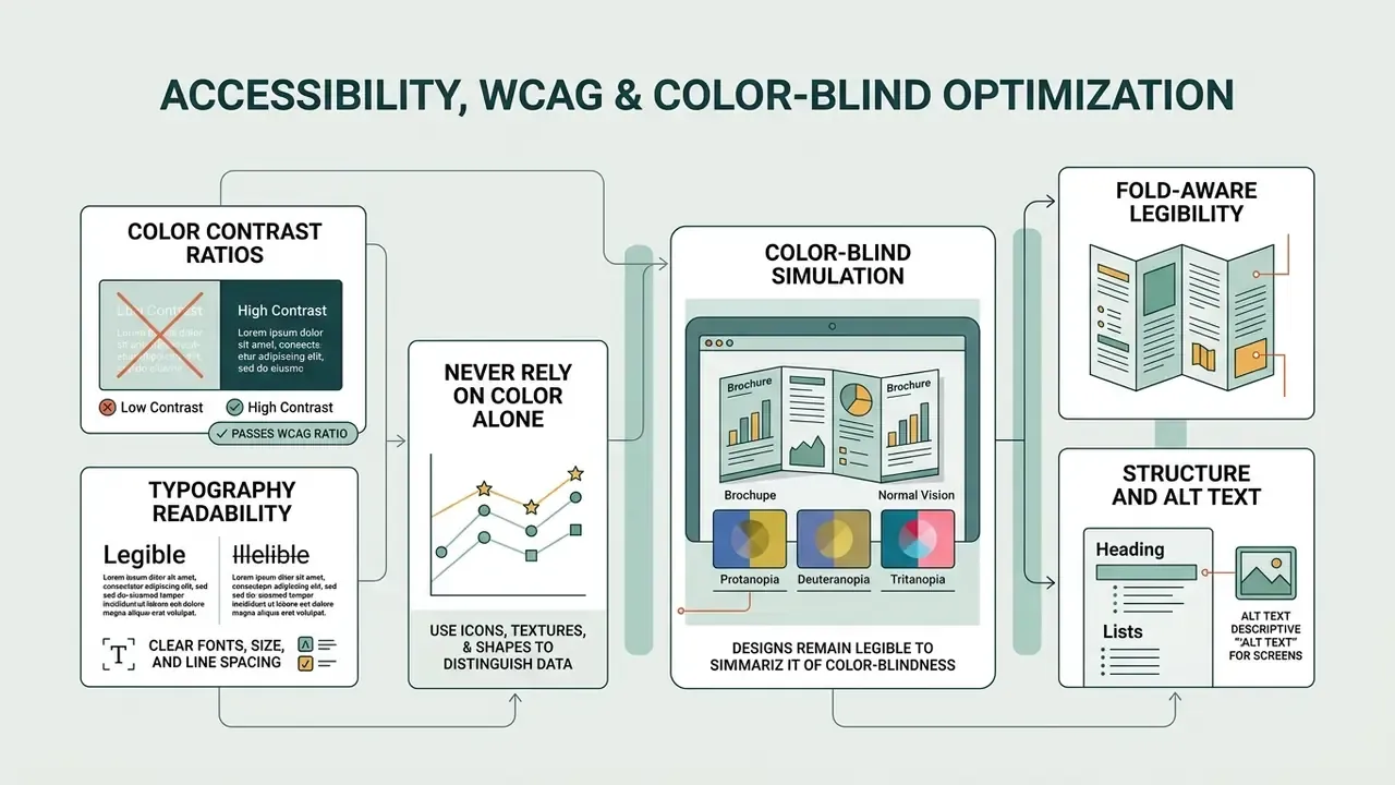 Flowchart detailing design principles for color contrast, typography, and visual accessibility standards