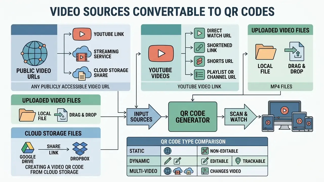 Flowchart displaying how various video sources and links are processed by a QR code generator