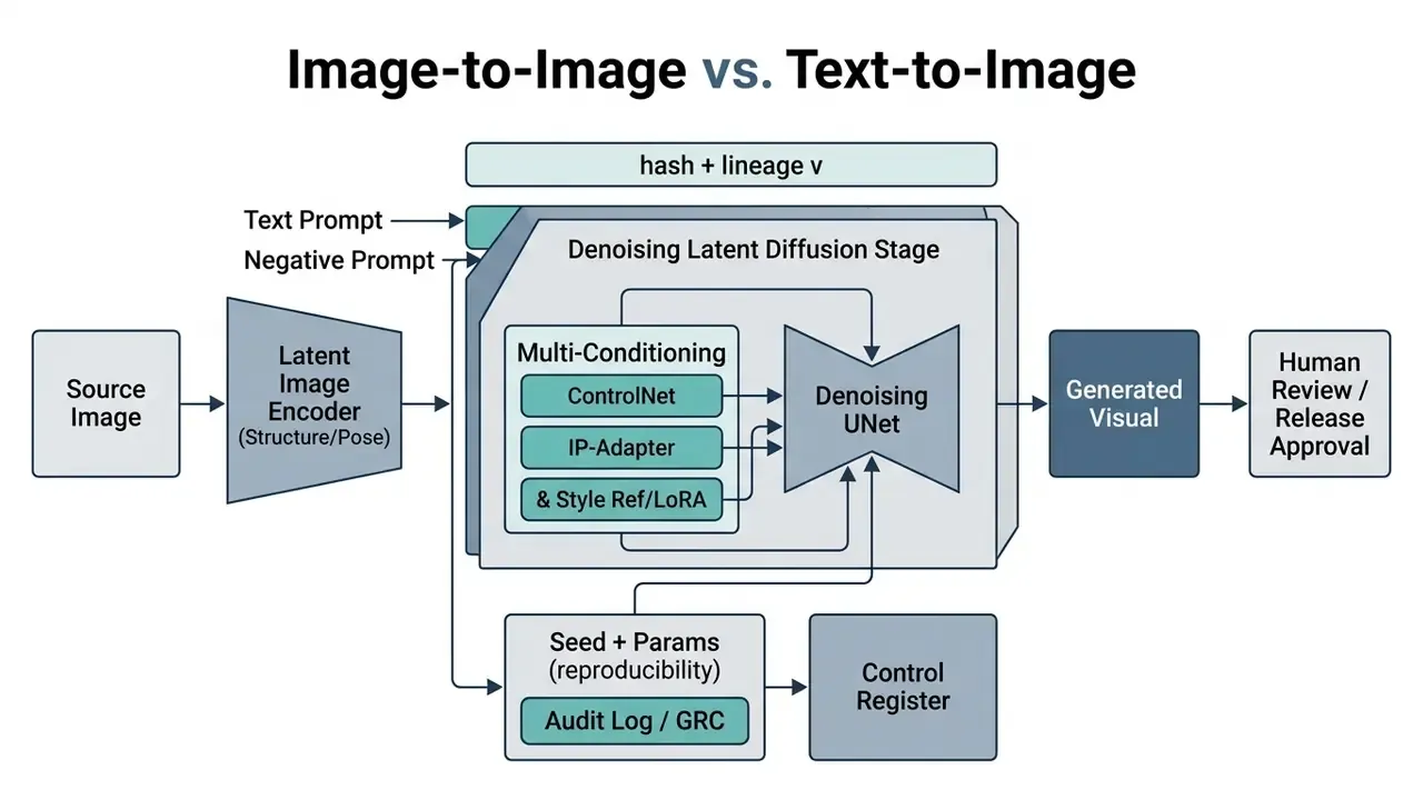 Flowchart detailing the technical architecture of an AI transform image pipeline from source to final output