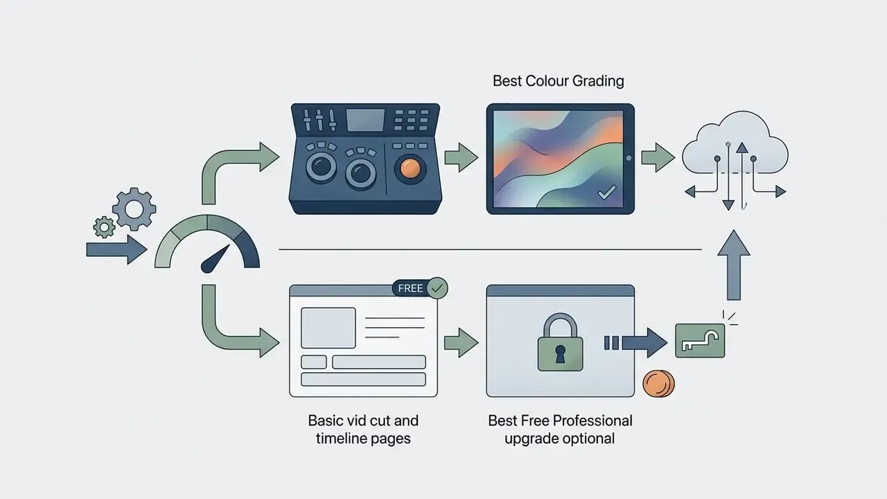 Workflow showing color grading tools and free editing pages connecting to cloud storage and upgrades