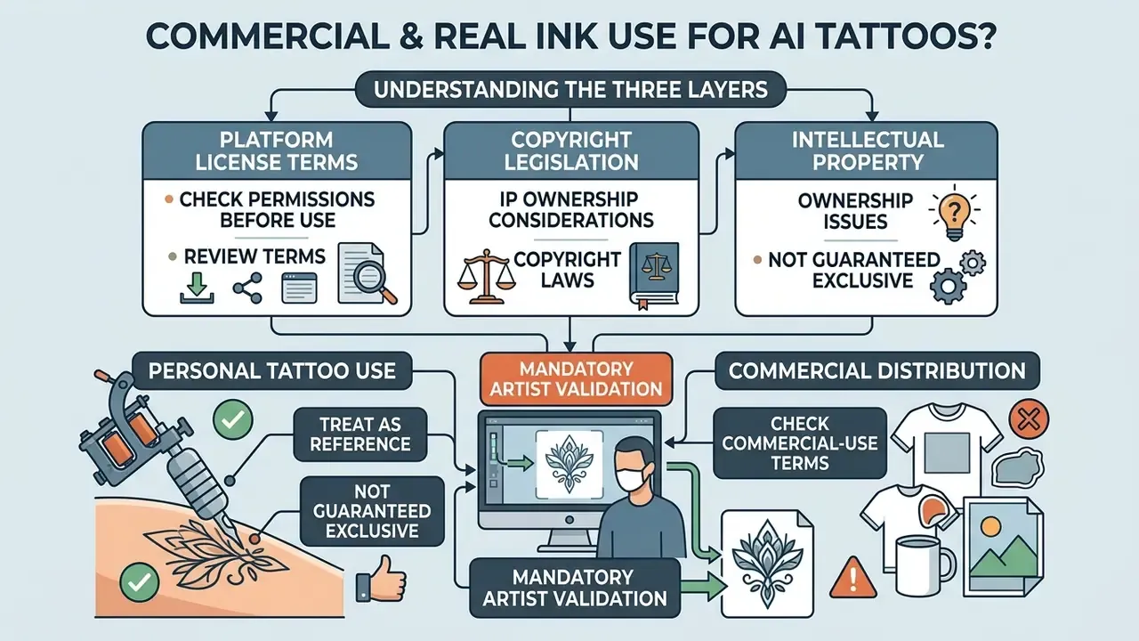 Flowchart outlining legal and commercial considerations for using digital designs in tattooing