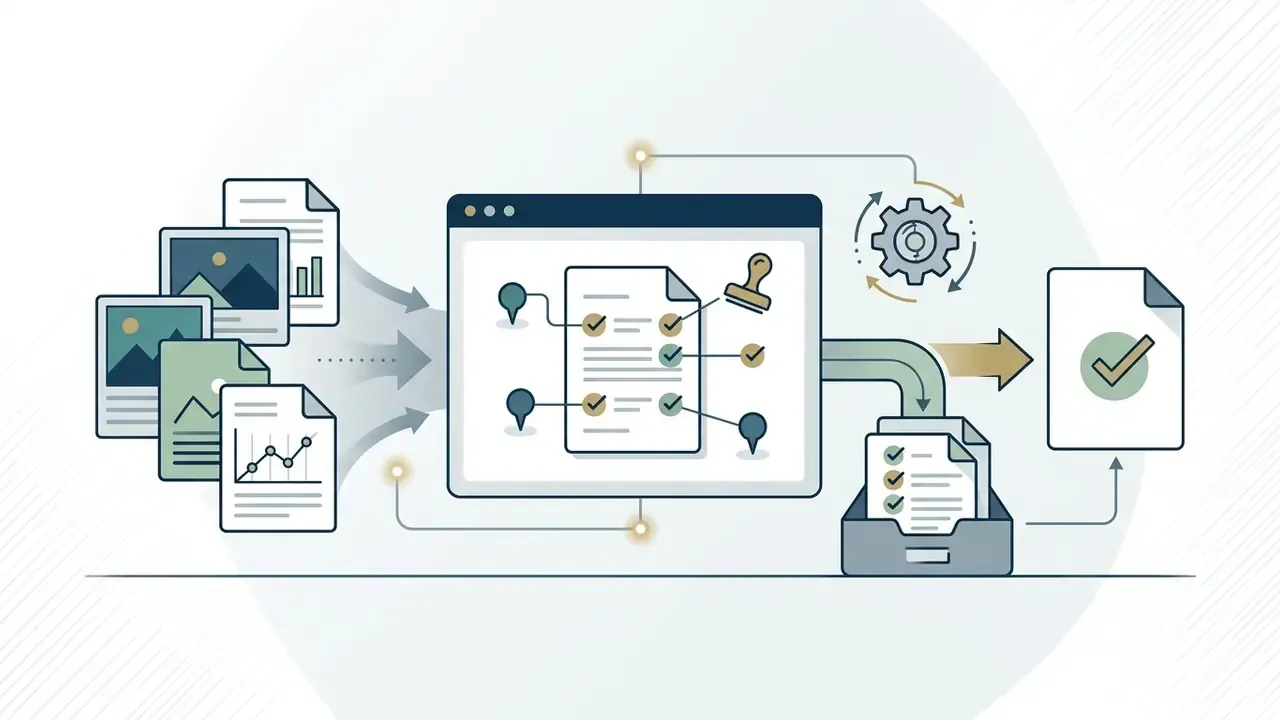 Multiple documents and images feeding into a digital review window for annotation and final approval