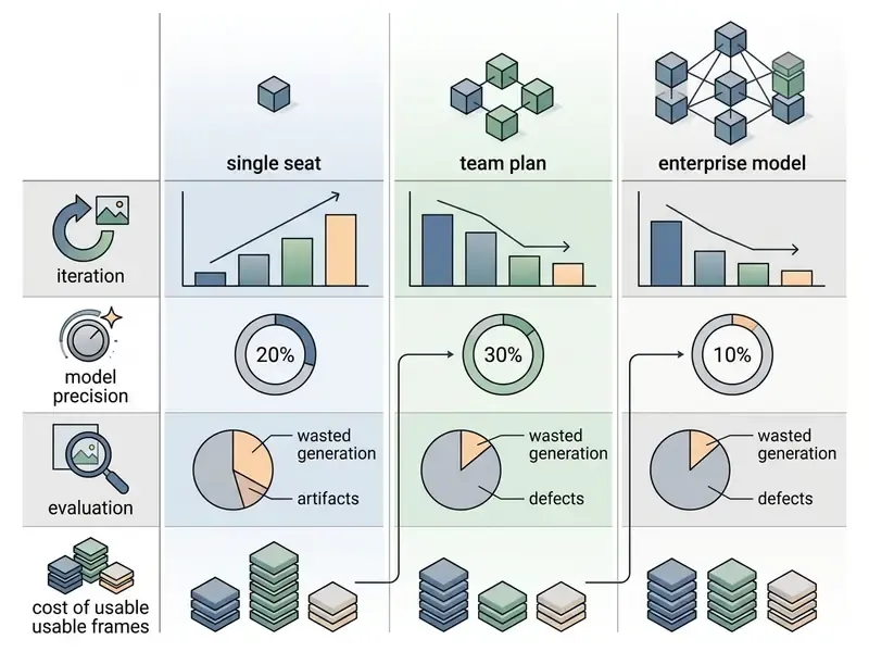 Comparison table of pricing models showing how iteration, precision, and evaluation affect cost